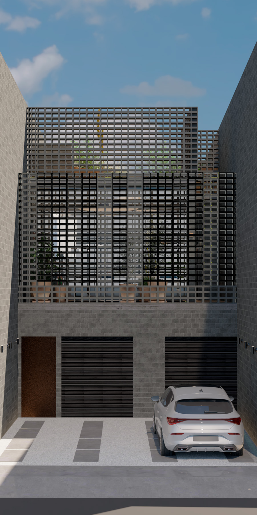 Render de estructura blanca y gris con puertas metálicas negras y rejas metálicas grises.
