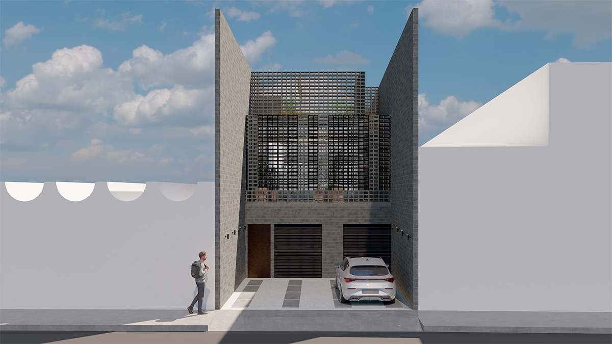 Render de estructura blanca y gris con puertas metálicas negras y rejas metálicas grises.