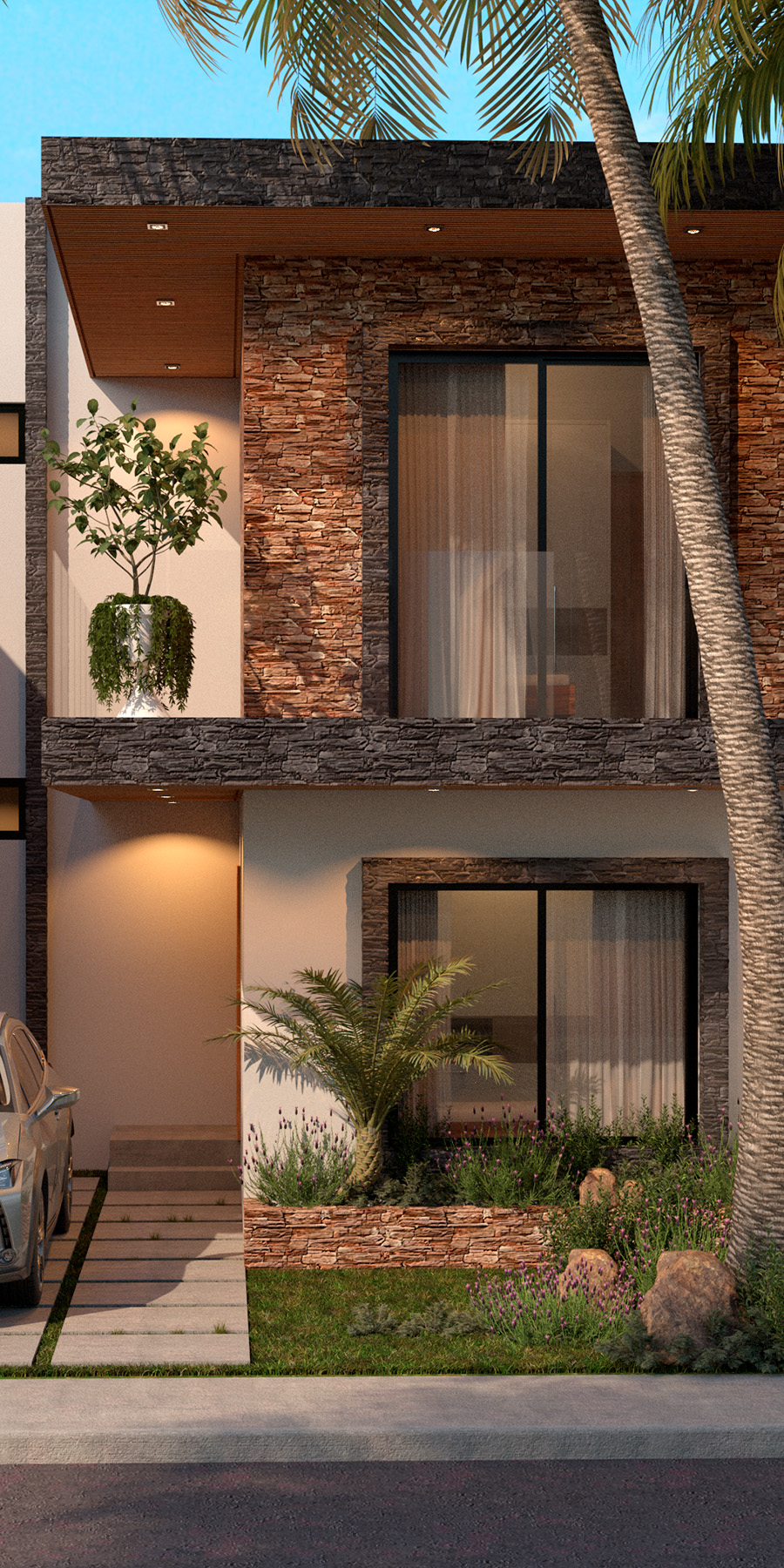 Render de un conjunto de viviendas. Las casas tienen fachadas blancas adornadas con piedra roca. Al frente, cuentan con una pequeña sección de estacionamiento y jardín.