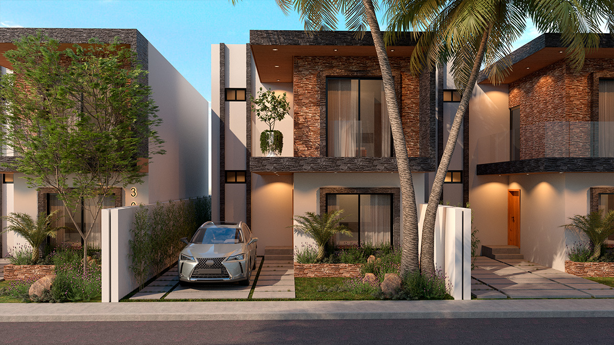 Render de un conjunto de viviendas. Las casas tienen fachadas blancas adornadas con piedra roca. Al frente, cuentan con una pequeña sección de estacionamiento y jardín.